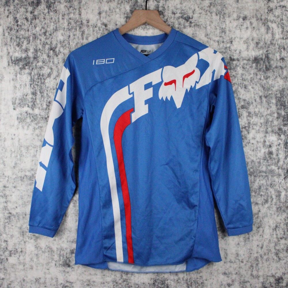 Fox 180 Motocross Racing Jersey Youth Large Blue Red White Long Sleeve Bike